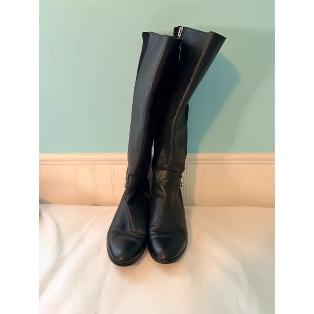 Michael Kors Black Leather Tall Riding Boots 8M MK Logo Buckle Made in Italy